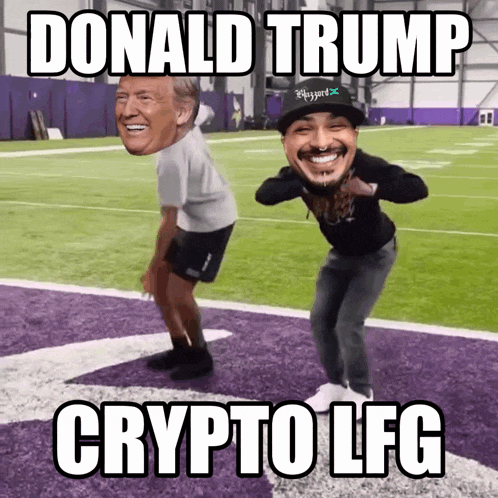 donald trump and a man are dancing on a purple field