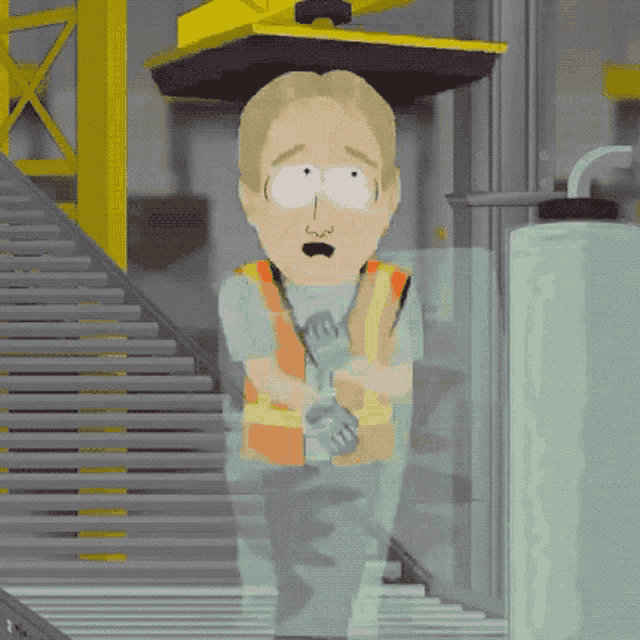 a cartoon character from south park is standing in front of a staircase