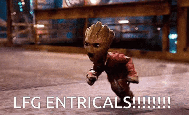 a baby groot is running down a street with the words lfg entribals written below him