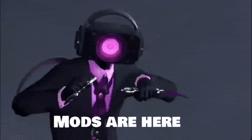 a cartoon character with a purple head and the words mods are here