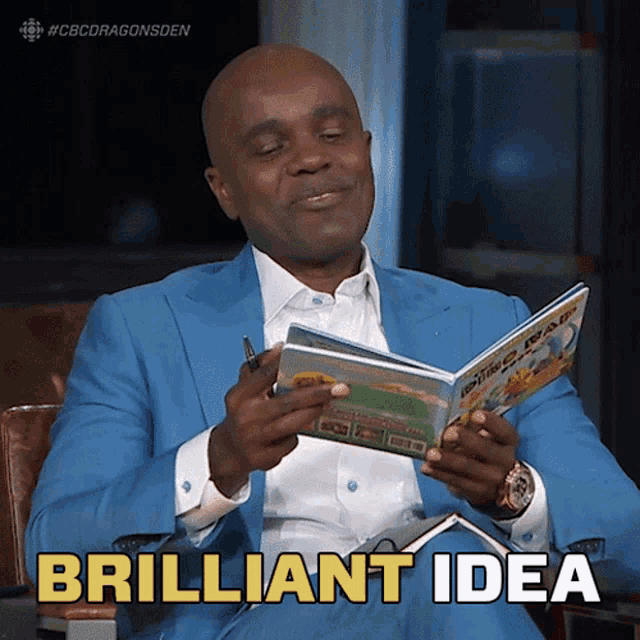 a man in a blue suit is reading a book and says brilliant idea in yellow letters