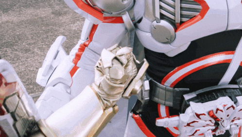 a close up of a person wearing a robot costume with a belt that says ' samurai ' on it