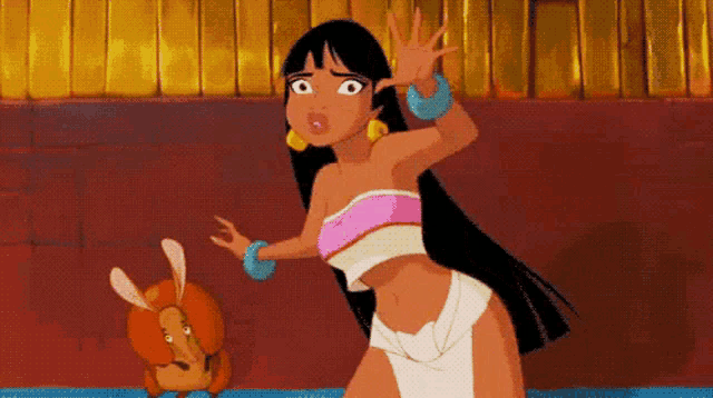 a cartoon girl is standing next to an armadillo and making a funny face