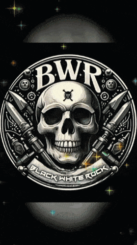 a black and white image of a skull with the words bwr black white rock
