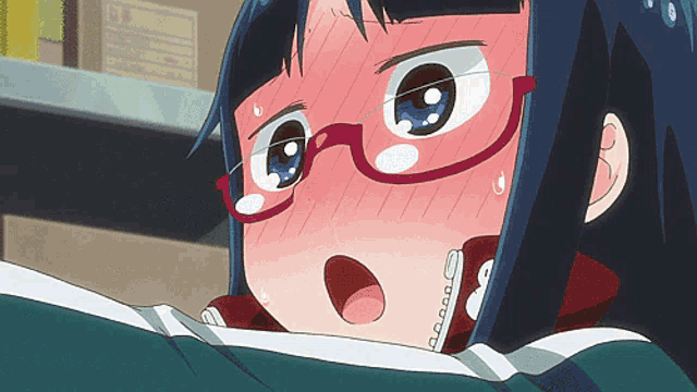 a girl with glasses and a zipper on her chest