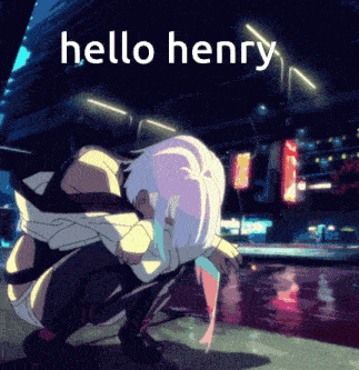 a cartoon of a girl kneeling down with the words hello henry below her