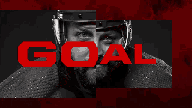 a black and white photo of a hockey player with the word goal below him
