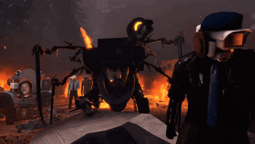 a man wearing a gas mask stands in front of a giant robot