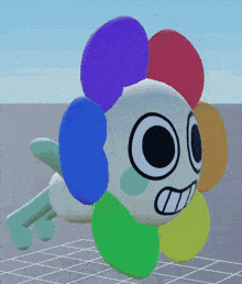 a 3d model of a cartoon character with a rainbow flower on its head