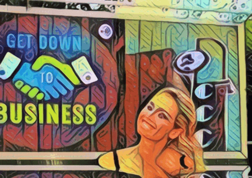 a woman is smiling in front of a sign that says " get down to business "