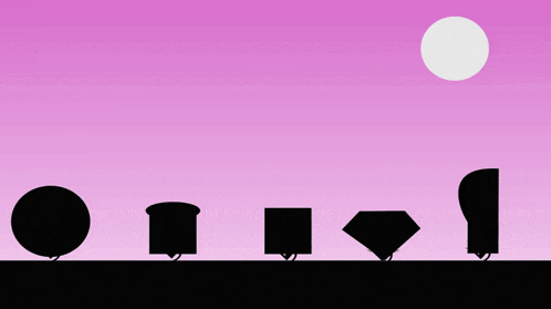 a row of silhouettes against a purple sky with a white moon in the background