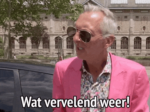a man wearing sunglasses and a pink jacket says " wat vervelend weer "