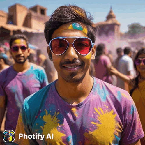 a man wearing sunglasses and a colorful shirt has a photo taken with photify ai