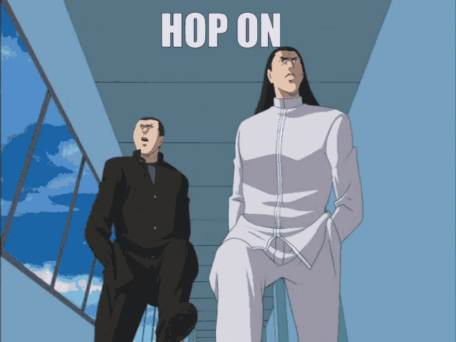 two men are standing in a hallway with the words hop on written above them