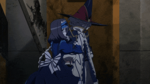a couple of anime characters standing next to each other with one wearing a witch hat