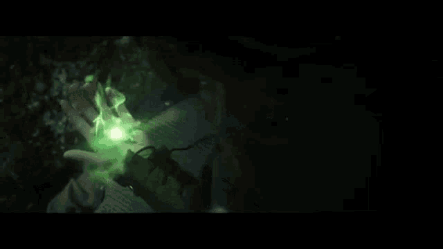 a person is holding a green object in their hand and it is glowing in the dark .