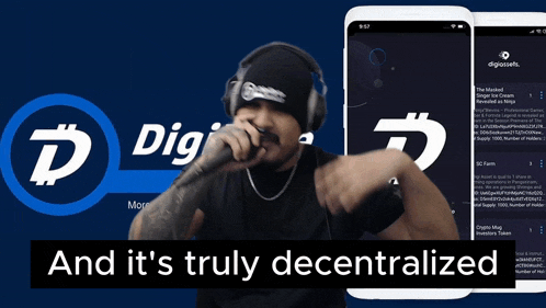 a man singing into a microphone with the words and it 's truly decentralized behind him