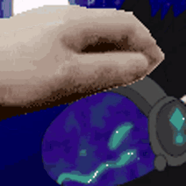 a pixel art of a person 's hand holding a purple object .