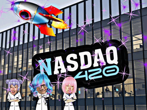 a rocket is flying over a building with a sign that says nasdaq 420