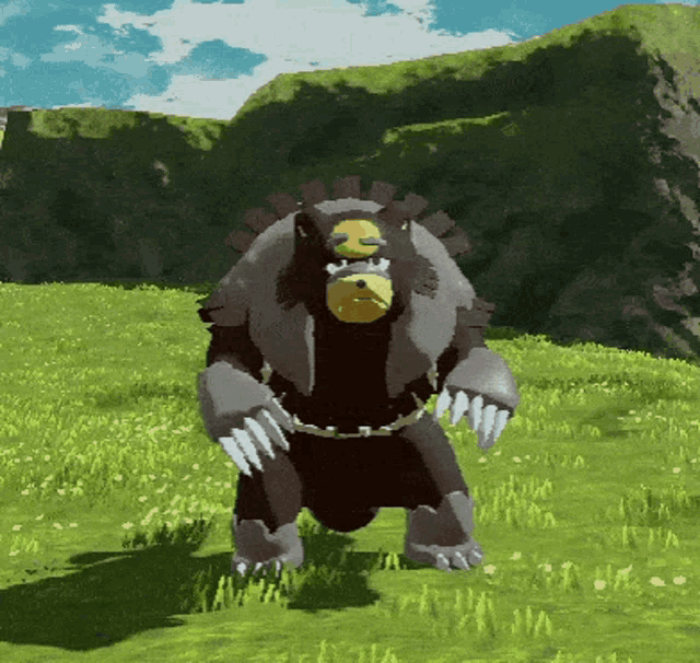 a video game character standing in a grassy field with mountains in the background