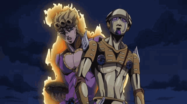 a cartoon character is standing next to another character with a fire behind him