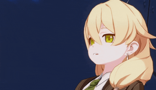a girl with yellow hair and green eyes is wearing a green wallet