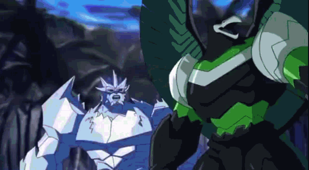 two cartoon characters are standing next to each other in a dark forest
