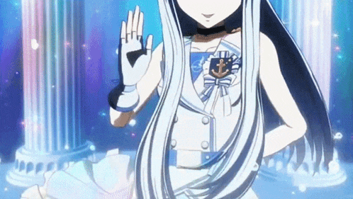 a girl with long white hair is wearing a sailor outfit and waving her hand .