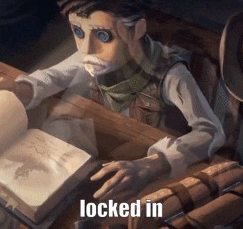 a man is sitting at a table reading a book with the words locked in written below him