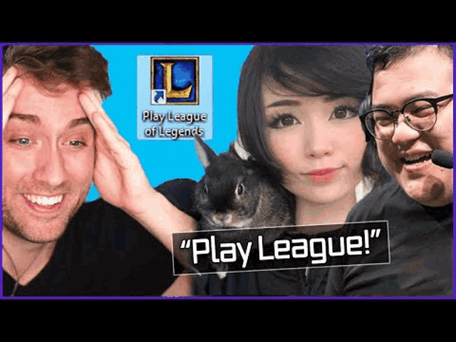 a woman holding a rabbit in front of a play league of legends logo