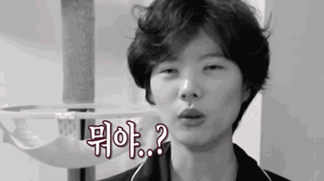 a woman with short hair is making a funny face with the words " 뭐야 ? " written above her