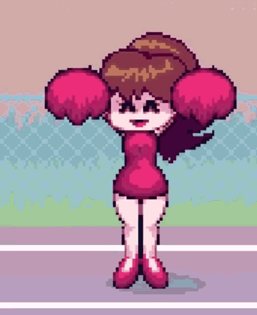 a pixel art drawing of a girl in a pink dress and shorts standing on a tennis court .