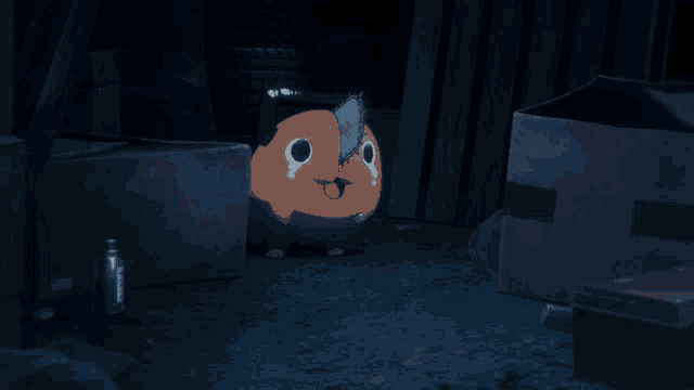 a cartoon character in a dark room with boxes and a bottle of water