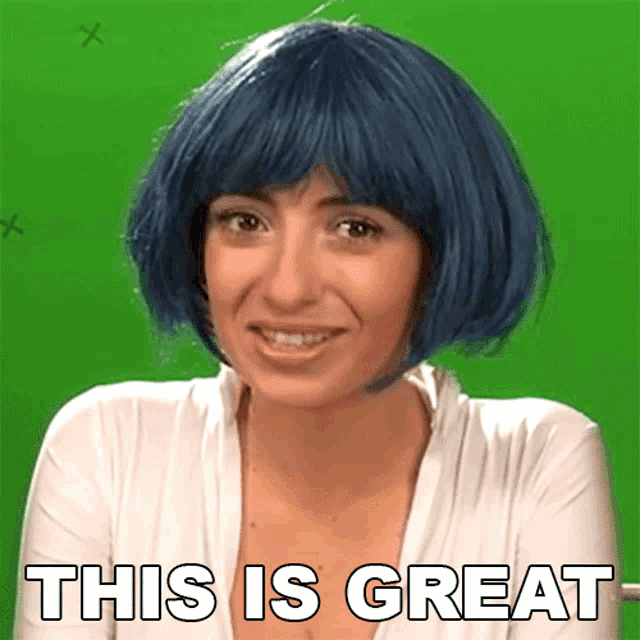 a woman wearing a blue wig says " this is great "