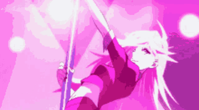a girl in a pink and purple outfit is holding a pole