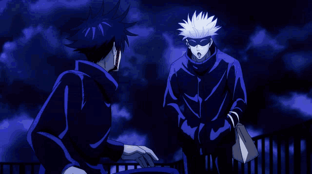 a couple of anime characters standing next to each other in the dark
