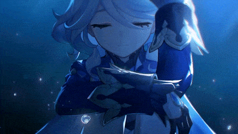 a girl in a blue dress with her eyes closed and a sword in her hand