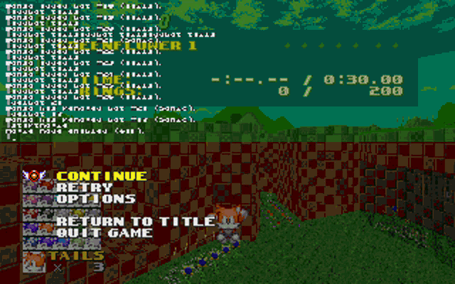 a screenshot of sonic the hedgehog with the option to continue retry options return to title and quit game