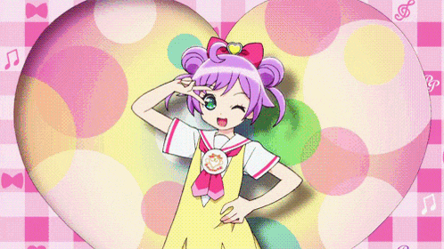 a girl with purple hair and green eyes is in a heart shaped frame