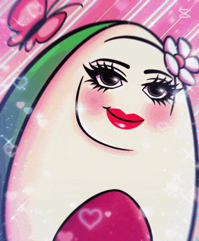 a cartoon drawing of a white egg with a flower in her hair