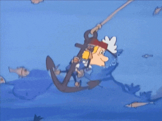 a cartoon character is holding a sword and looking through it