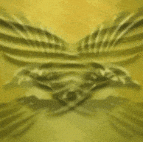 a gold bird is flying in the air with a yellow background