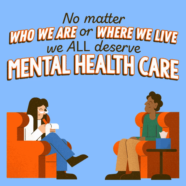 a poster that says mental health care with two people sitting in chairs