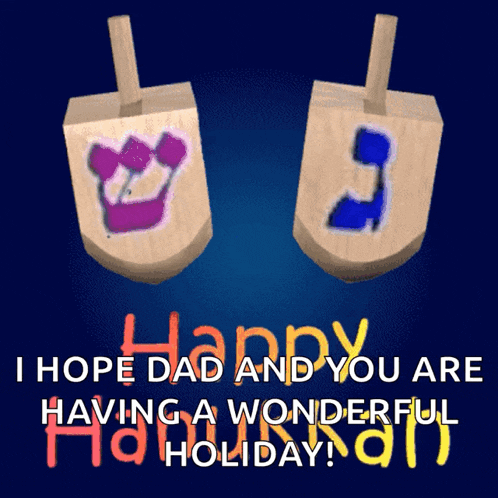 a happy hanukkah card with two wooden dreidels
