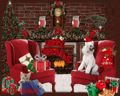 a dog and a cat are sitting in front of a fireplace with a merry christmas sign