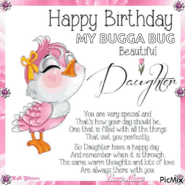 a happy birthday card for a daughter with a pink bird