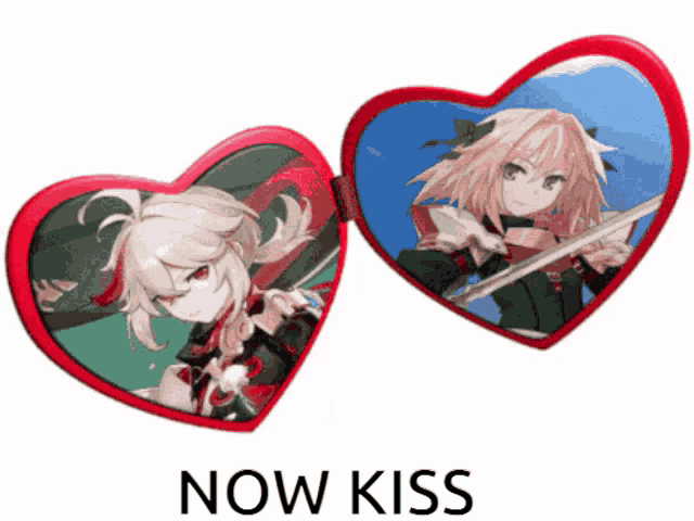 a heart shaped mirror with a picture of a girl and the words now kiss on the bottom