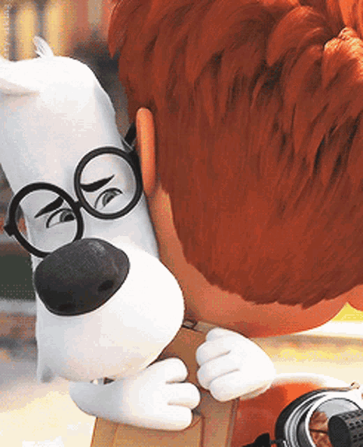 a girl with red hair is hugging a stuffed dog with glasses