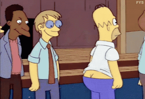 a cartoon of homer simpson standing next to another man with the letters fys on the bottom