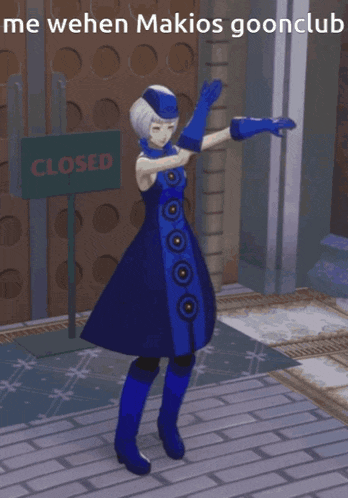 a video game character is dancing in front of a closed sign
